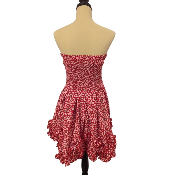 Strapless Red And White Floral Dress With Ruffle Hem Stretch Back Size Small - Picture 3 of 4